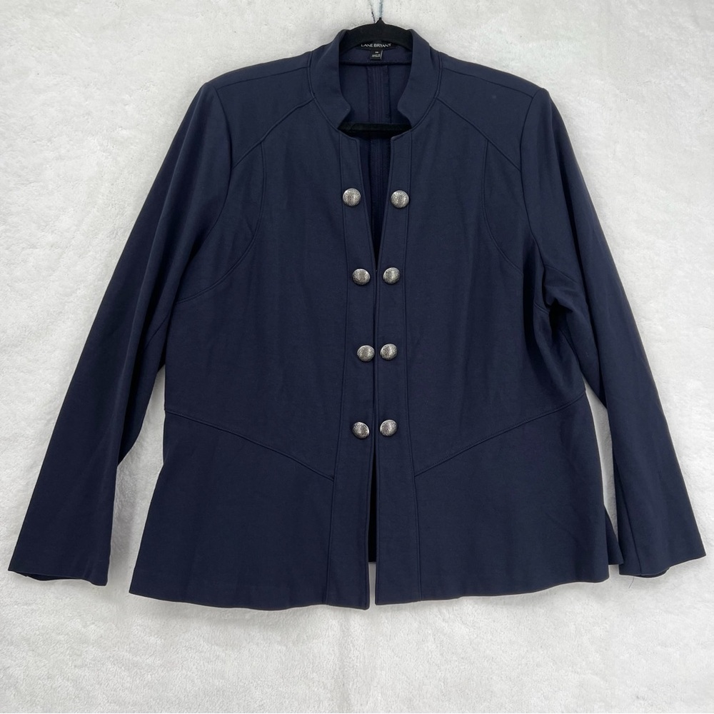 Lane Bryant Ponte Knit Navy 16 Blazer Double Breast Silver Crest Buttons Peplum
